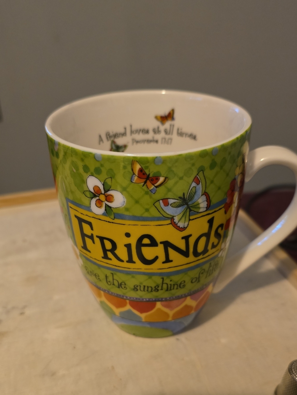 Sue Zipkin #22779 Friends Ceramic Mug in Green with Butterfly Motif